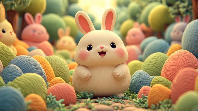 A bunny joyfully nestled amidst a field of colorful easter eggs creating a bright and cheerful scene full of whimsy perfect for celebrating the joys of easter with family and friends