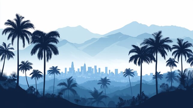 Los Angeles skyline with palm trees and mountain backdrop in shades of blue