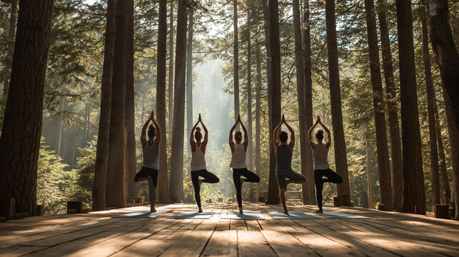 Outdoor Group Yoga in Forest: Enhance Wellness, Balance, and Serenity with Nature and Meditation