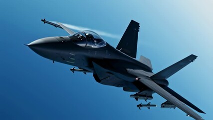 Modern fighter jet flying high in blue sky. Military aircraft with pilot on air patrol for national defense concept. Animation. - Powered by Adobe
