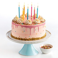 Festive Cake with lit candles: A beautifully decorated cake sits elegantly on a pedestal, crowned with lit candles creating a festive atmosphere