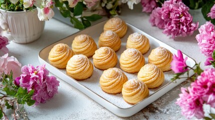 Freshly Baked Creamy Desserts Surrounded by Colorful Flowers