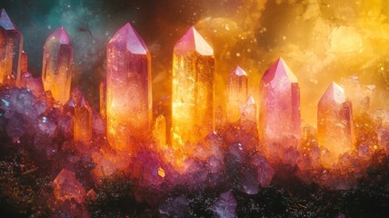 Vibrant crystal formations glowing in a mystical landscape, radiating warmth and energy, perfect for fantasy and wellness themes.