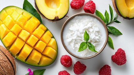 Fresh Mango and Coconut Cream with Raspberries on White Background