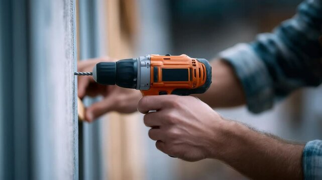 Man using orange cordless drill on wall, close up of hands, construction renovation and home improvement, focus on power tool, precise DIY work, hand holding drill for professional results