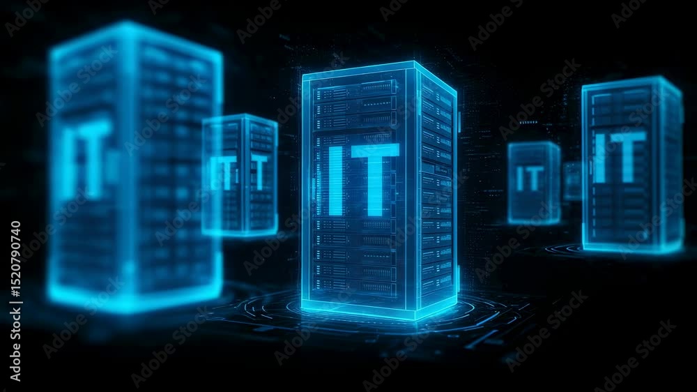 Poster digital server rack with glowing it letters. concept of data center, cloud computing, and informatio