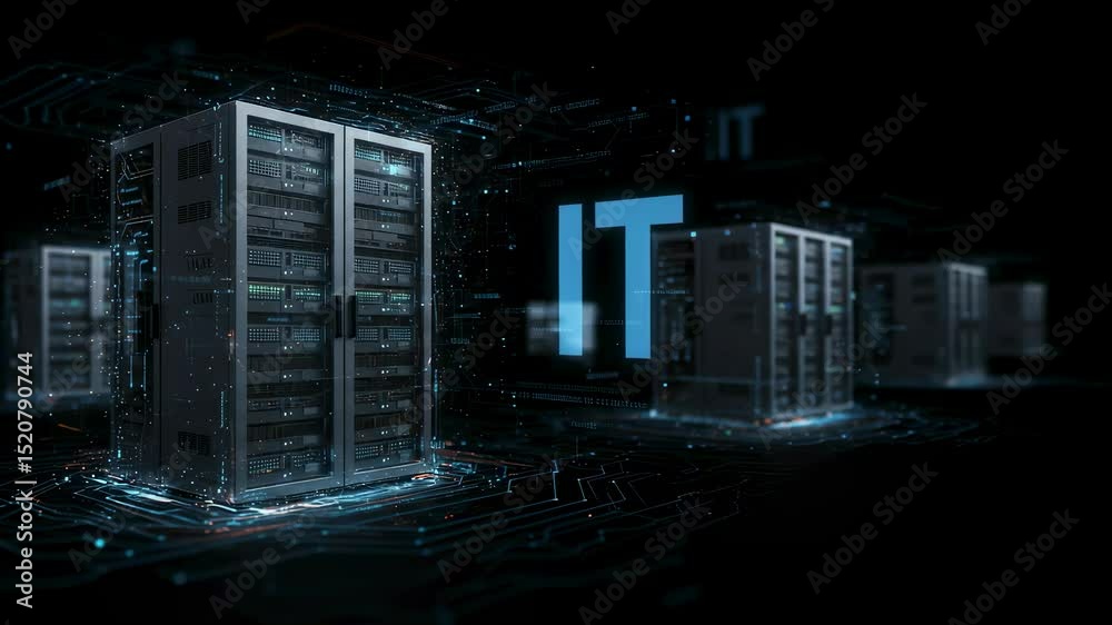 Poster server racks in a data center with glowing connections. information technology infrastructure and di