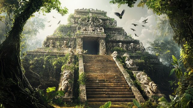 Ancient temple with steps in jungle setting surrounded by trees and birds.