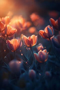 Fototapeta A bright spring morning in a field of tulips, the vibrant colors of the flowers illuminated by the soft sunlight