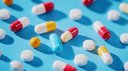 Sweet lollipop and colorful chocolate candy pills on blue background