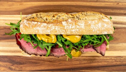 Obraz premium Top View of Gourmet Roast Beef Sandwich with Arugula, Mustard, and Crusty Bread on Wooden Board – Deli Style Lunch Concept