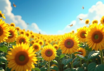 Fototapeta premium vibrant sunflower fields under bright blue skies radiating summer sunshine natural beauty, sky, nature, petal, blossom, landscape, flora, garden, color