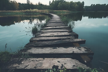 Obraz premium A broken bridge leading to nowhere, symbolizing the failure of connections and the uncertainty of modern human relations