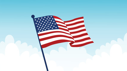 Waving Flag of United States Against Clear Blue Sky