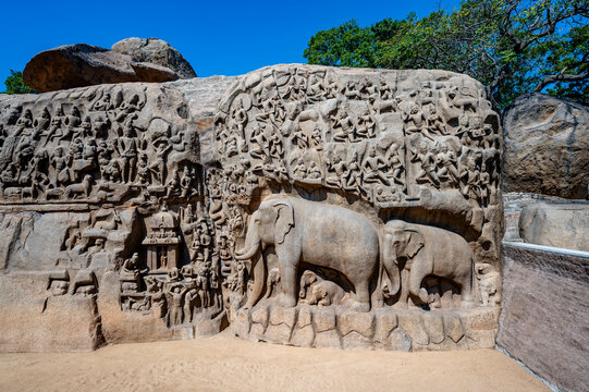 Ancient rock carvings at Mahishasura Mardini Cave in Mamallapuram, Tamil Nadu, India