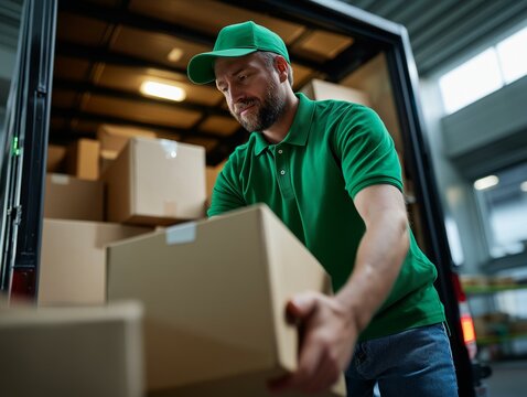 A delivery worker loads packages into a truck, ensuring efficient logistics and timely service.