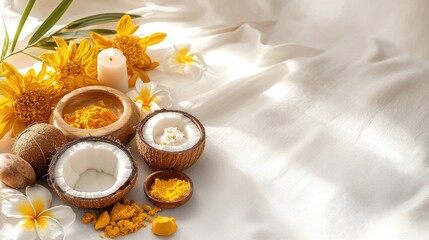 Natural Spa Composition with Coconut and Turmeric on Silk Fabric