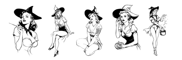 Plakat A set of vintage retro pin up style halloween witch. line art illustration style