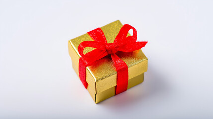 Obraz premium Golden gift box with red ribbon bow, symbolizing luxury and celebration