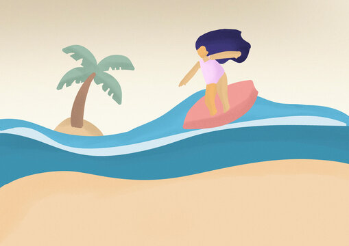 Illustration of a woman surfing on a wave near a tropical beach