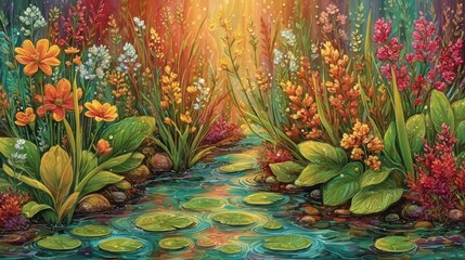 Fototapeta premium A beautiful painting of a stream flowing through a lush forest, evoking the essence of springtime with vibrant colors and captivating nature scenes that inspire serenity and relaxation