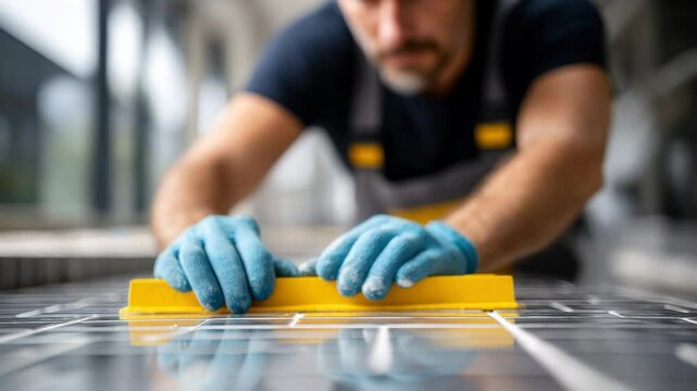 Tile hand worker construction tool renovation blue glove grout surface focus repair, home improvement, manual labor, professional indoor craftsmanship, detail, precision installation, and maintenance