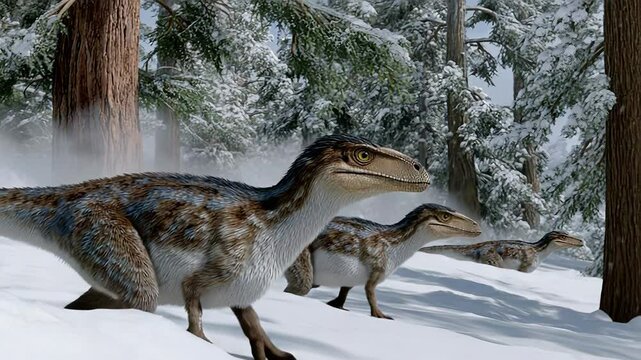 Dinosaurs running through snowy forest in winter wonderland scene