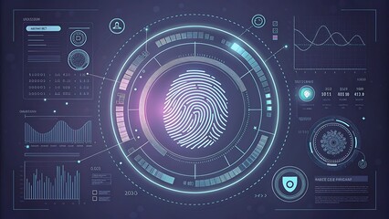 Futuristic digital interface displaying biometric fingerprint scan and data analysis visualization