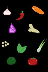 vegetables an spice ilustration Doodle on black background 