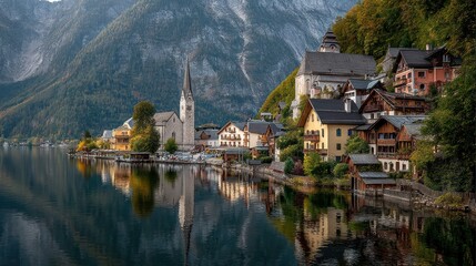 Fototapeta premium Idyllic Lakeside Village Nestled Amidst Majestic Mountain Scenery and Calm Waters