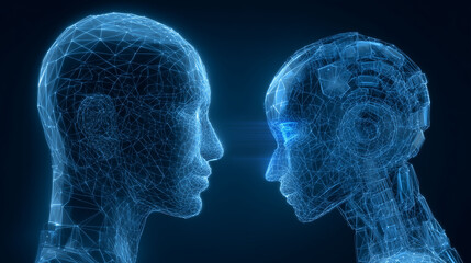 A futuristic digital wireframe of a human head facing a robotic AI head, glowing neon blue