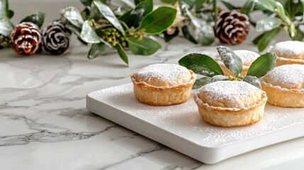 Delicious Mini Pastry Tarts with Icing Sugar on Marble Background