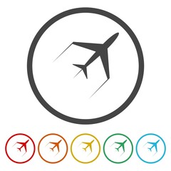 Plane icon. Set icons in color circle buttons