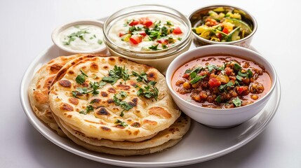 Delicious Indian Cuisine with Naan, Curry, and Fresh Vegetables
