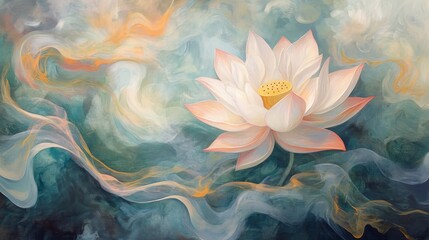 White lotus flower with soft background in shades of blue and beige.