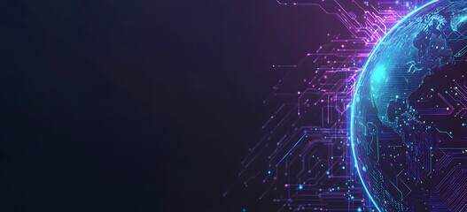 Abstract digital technology background with a blue and purple color scheme, featuring glowing lines forming an Earth globe silhouette surrounded by circuit patterns 