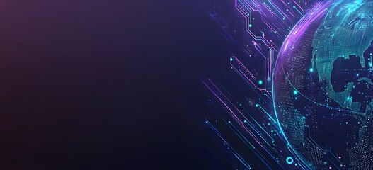 Fototapeta premium Abstract digital technology background with a blue and purple color scheme, featuring glowing lines forming an Earth globe silhouette surrounded by circuit patterns 