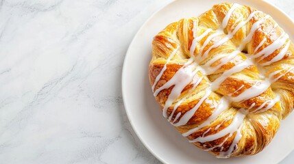 Freshly Baked Sweet Pastry with Icing on a White Plate