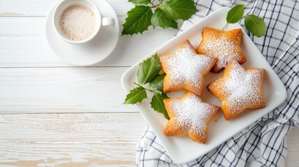 Delightful Star-Shaped Pastries with Powdered Sugar and Coffee