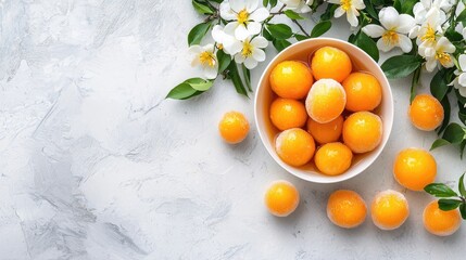 Fresh Orange Fruit in Bowl Surrounded by White Blossoms on Table