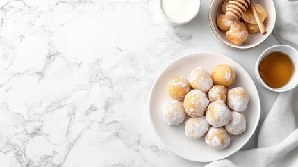 Sweet Golden Dough Balls with Honey and Milk on a Marble Background