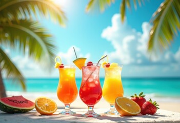 vibrant tropical cocktails beachside table refreshing summer paradise colorful beverage presentation, sunset, fruit, ice, juice, drink, mojito, margarita
