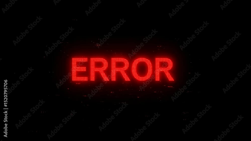 Poster Red pixelated error text message glitched and flickering on black screen. Digital code problem or system malfunction concept.