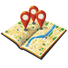 Map with location markers for navigation, travel planning and exploration in urban areas
