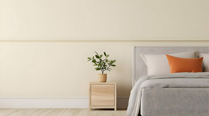 Fototapeta premium Beige Minimalist Bedroom Interior With Wooden Nightstand And Plant