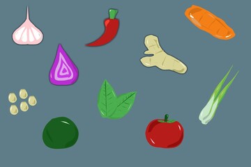 set of vegetables and spice ilustration Doodle on grey background 