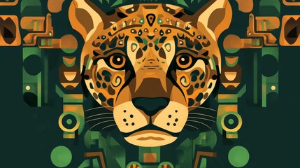 Jaguar head illustration with geometric patterns in green brown and gold colors.