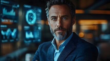 Confident executive in futuristic boardroom surrounded by holographic data displays