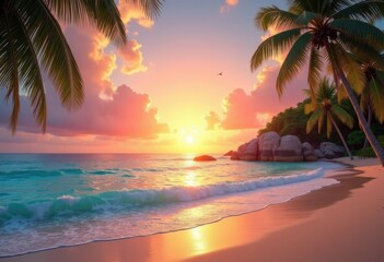 Fototapeta premium vibrant tropical sunset over crystal clear water paradise beach horizon reflection colorful sky, sea, clouds, nature, ocean, waves, shore, island, scenery, palm