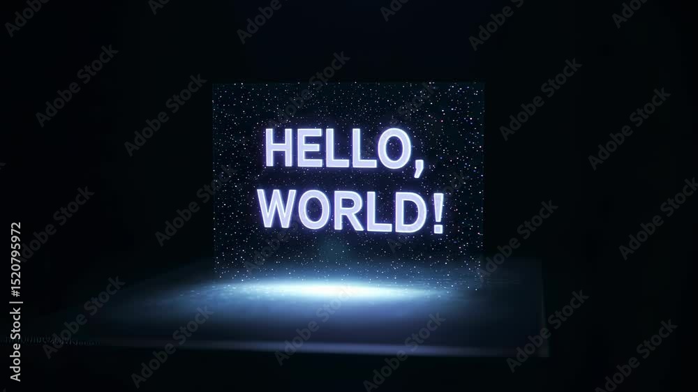 Poster hello world text appears as a hologram on a dark background. coding program beginning and digital te